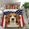 Beagle bedding set in a bright bedroom featuring a large dog portrait, stars and red stripes