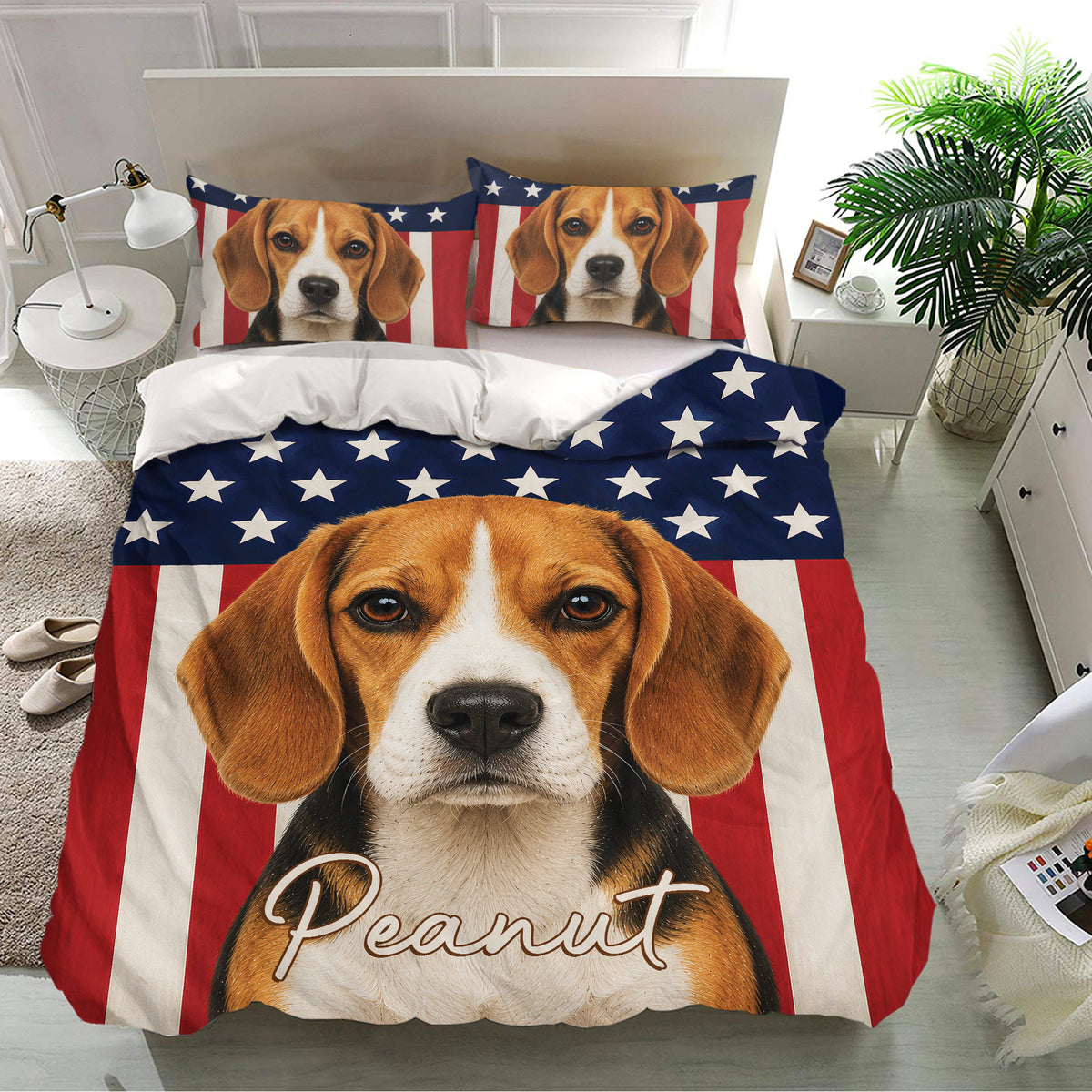 Beagle bedding set in a bright bedroom featuring a large dog portrait, stars and red stripes