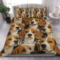 Beagle duvet cover set displayed on a bed with a warm brown dog portrait pattern