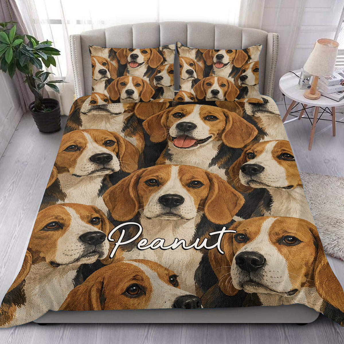 Beagle duvet cover set displayed on a bed with a warm brown dog portrait pattern