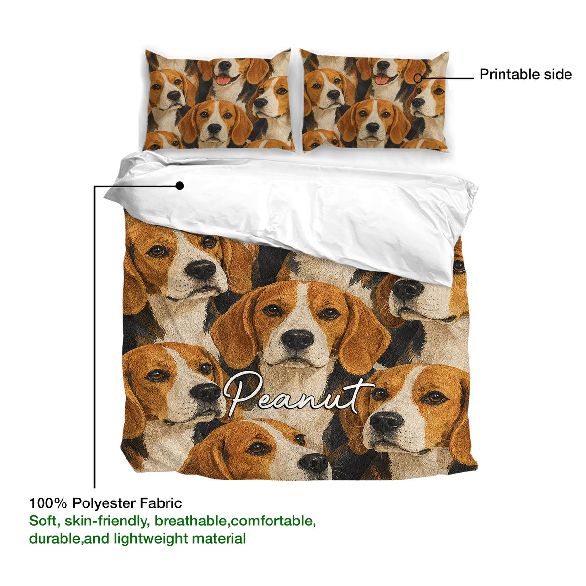 Beagle duvet cover and pillowcases showing the printable side and soft polyester fabric