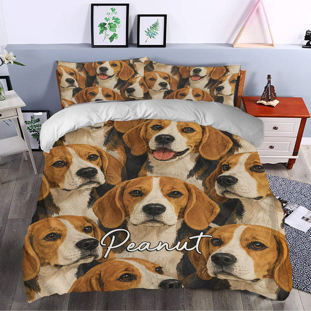 Beagle duvet cover bedding set styled in a modern bedroom with expressive dog portraits