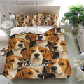 Beagle dog bedding set displayed in a bright bedroom with matching pillows and portrait artwork