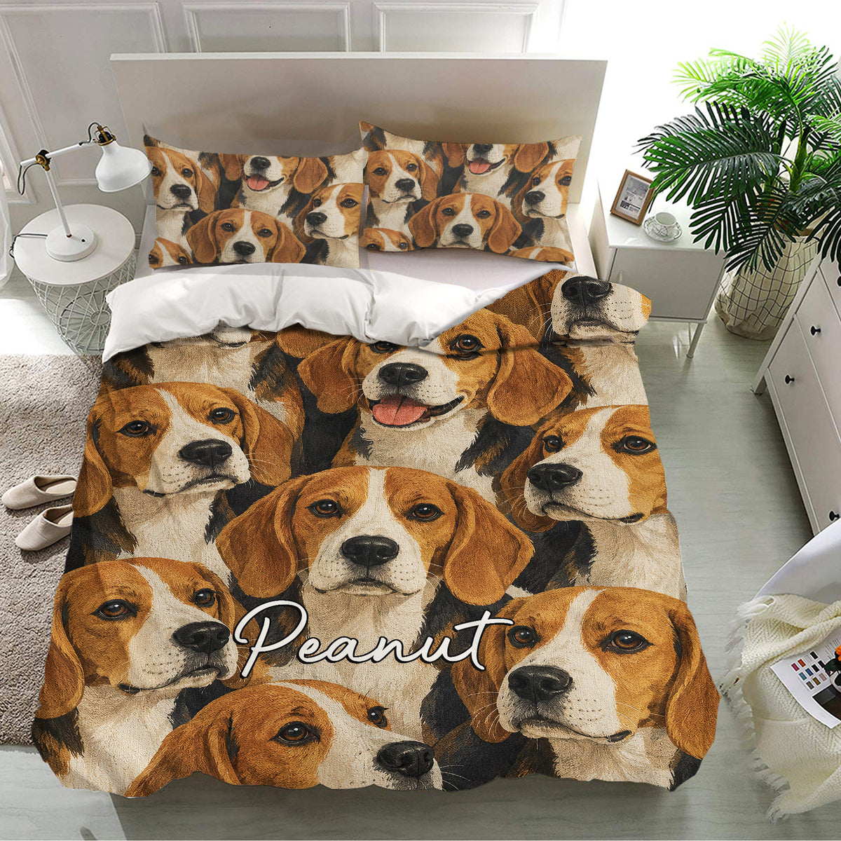 Beagle dog bedding set displayed in a bright bedroom with matching pillows and portrait artwork