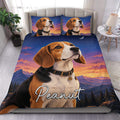 Beagle duvet cover set displayed on a bed with a sunset mountain landscape, stars, moon, and matching pillowcases