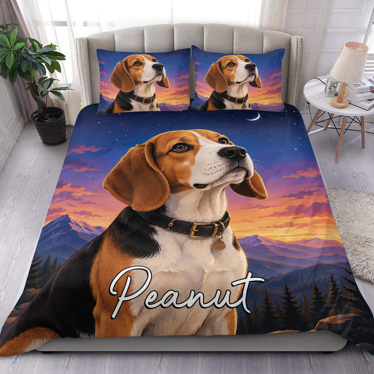 Beagle duvet cover set displayed on a bed with a sunset mountain landscape, stars, moon, and matching pillowcases