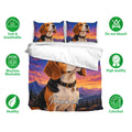 Beagle bedding set shown with sunset artwork, matching pillowcases, and soft breathable fabric feature icons