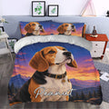 Beagle duvet cover styled in a bedroom with matching pillowcases, sunset mountains, stars, and colorful dog artwork