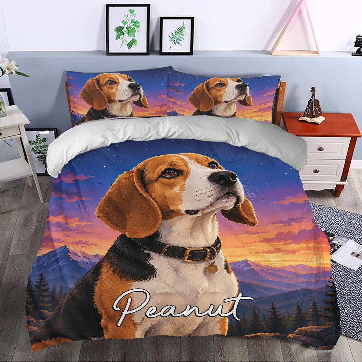 Beagle duvet cover styled in a bedroom with matching pillowcases, sunset mountains, stars, and colorful dog artwork