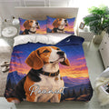 Beagle bedding set in a bright bedroom featuring a large dog portrait, moonlit sky, mountains, and matching pillows