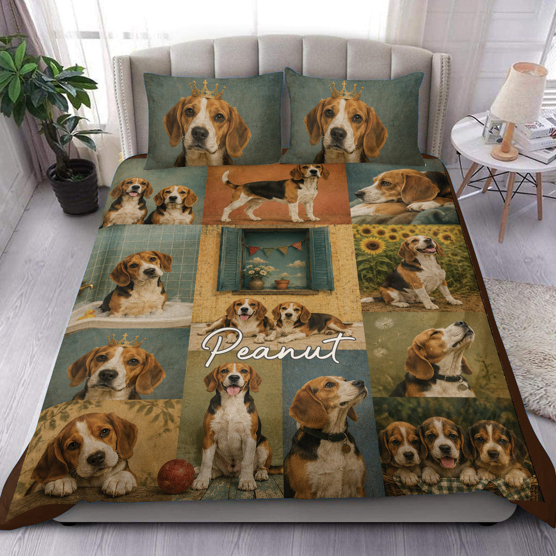 Beagle duvet cover set displayed on a bed with crowned portraits and vintage collage artwork