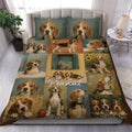Beagle duvet cover set displayed on a bed with crowned portraits and vintage collage artwork