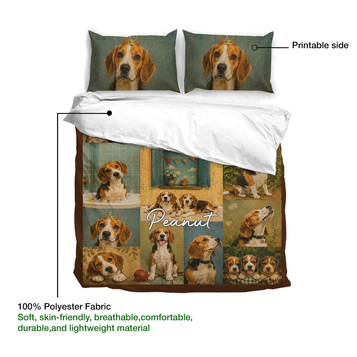 Beagle duvet cover bedding set showing the printable side and lightweight polyester fabric
