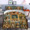 Beagle duvet cover set styled in a bedroom with crowned dog portraits and warm vintage tones