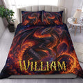 Dragon duvet cover set displayed on a bed with fiery fantasy artwork in deep red, orange, and midnight blue