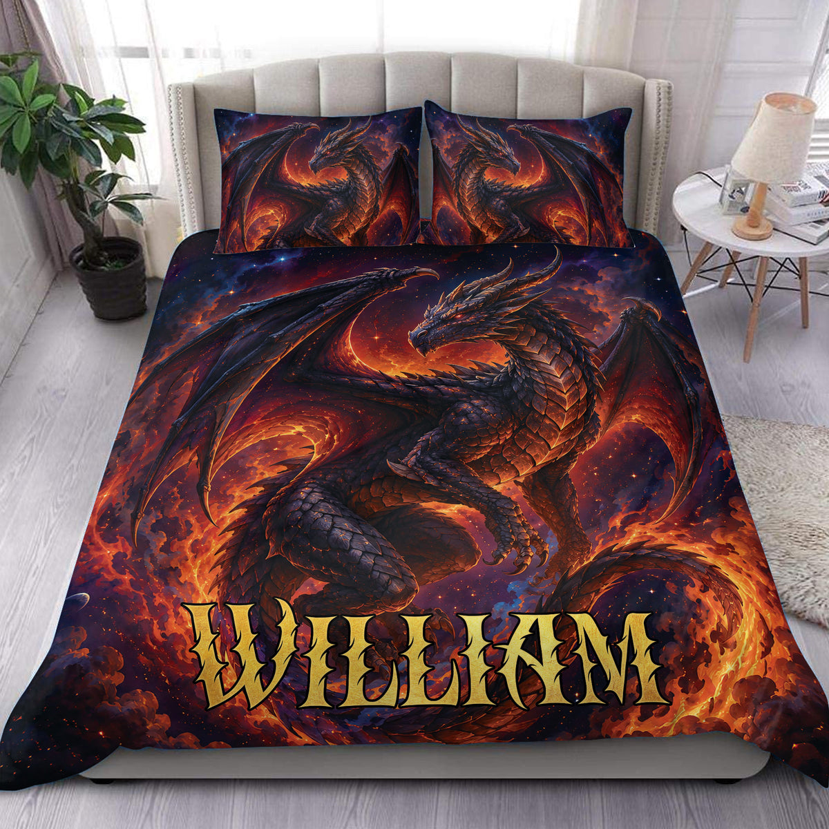 Dragon duvet cover set displayed on a bed with fiery fantasy artwork in deep red, orange, and midnight blue