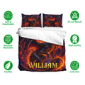 Dragon duvet cover bedding set shown with matching pillowcases and feature icons for softness and washability