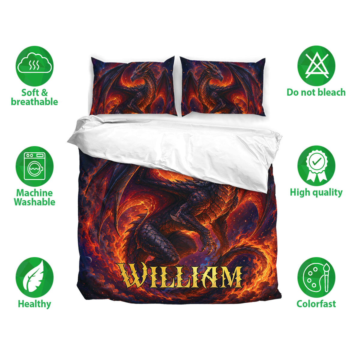Dragon duvet cover bedding set shown with matching pillowcases and feature icons for softness and washability