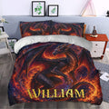 Fiery dragon duvet cover bedding set styled in a modern bedroom with dark fantasy artwork