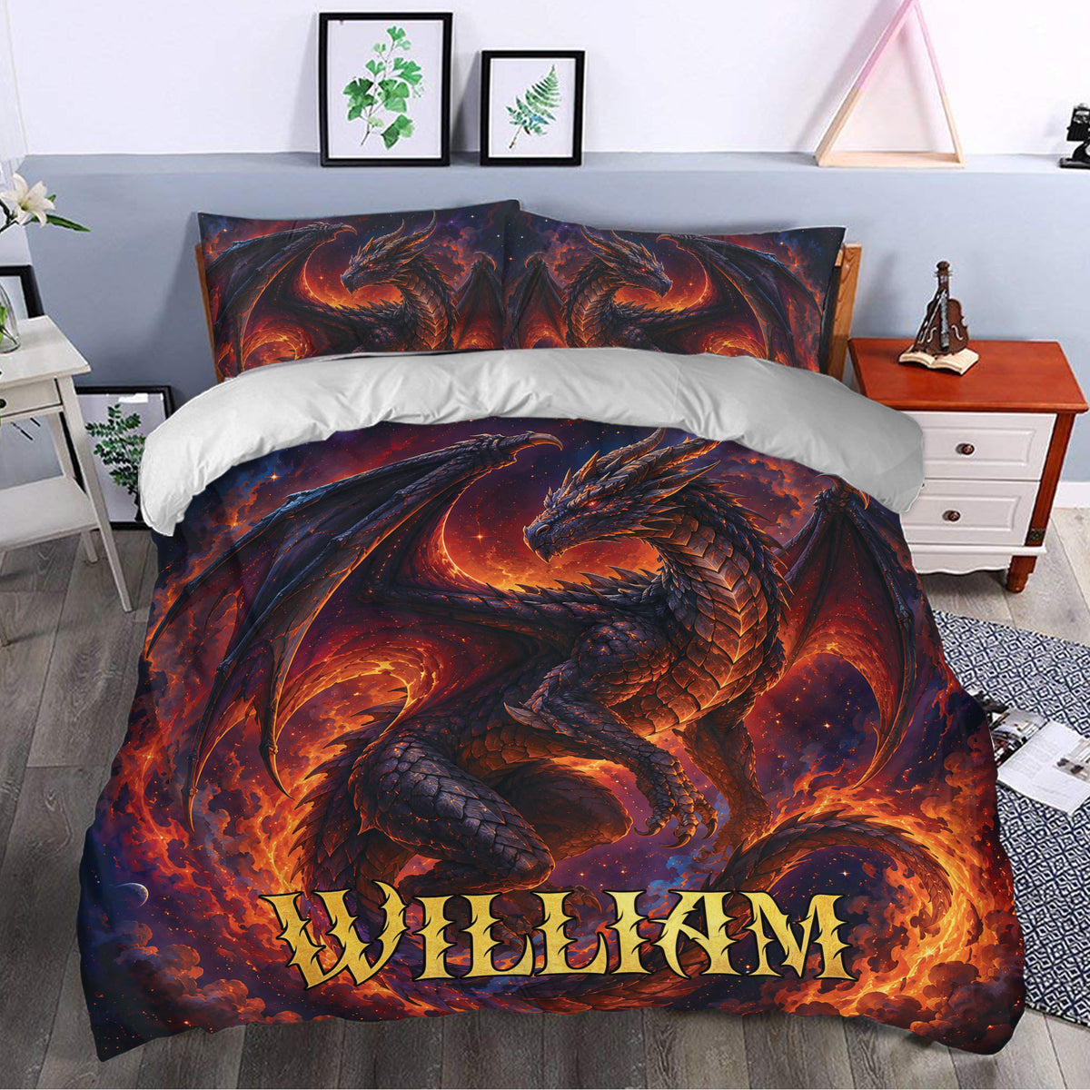 Fiery dragon duvet cover bedding set styled in a modern bedroom with dark fantasy artwork