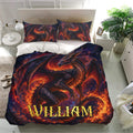 Dragon bedding set displayed in a bright bedroom with dramatic wings, flames, and celestial fantasy artwork