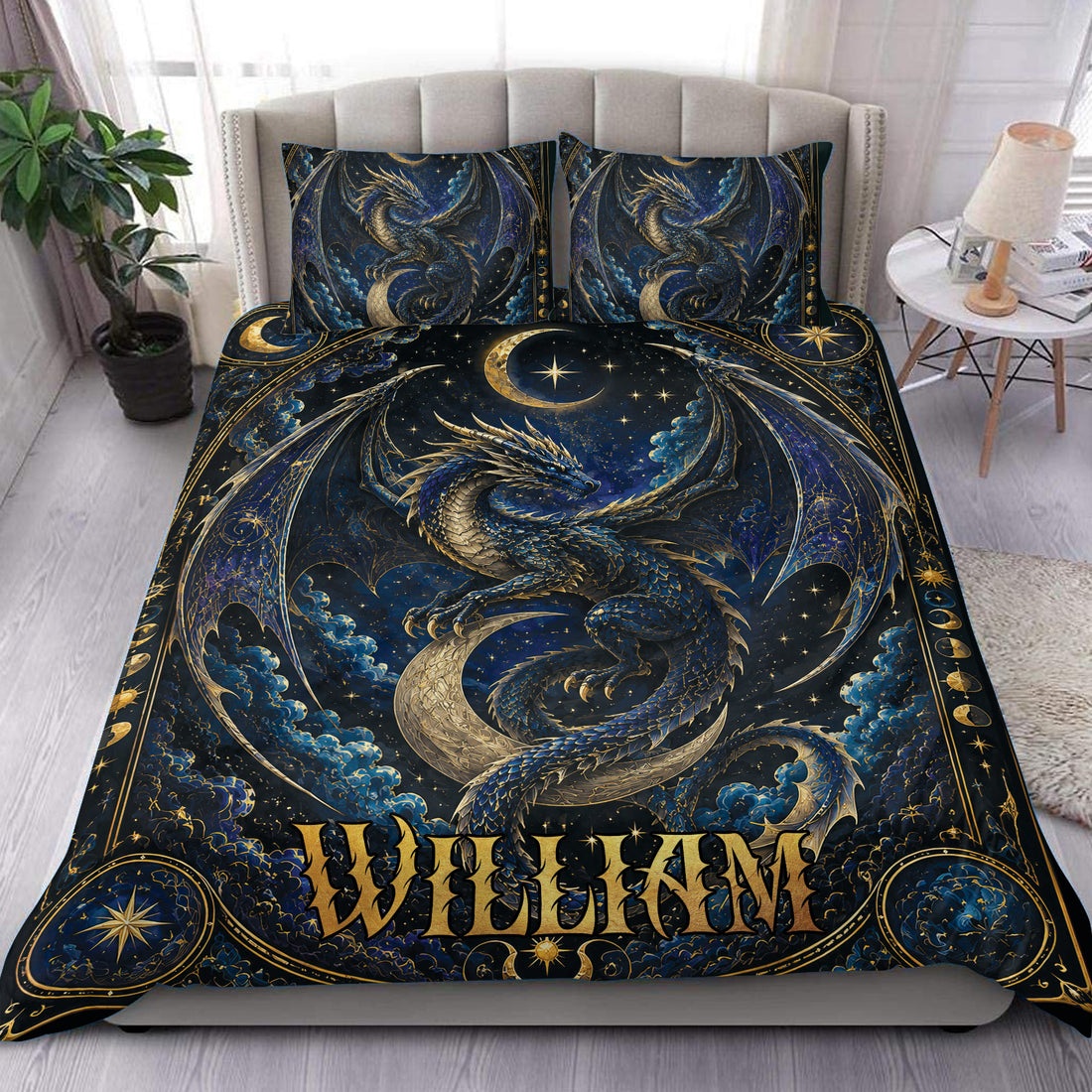 Dark blue and gold dragon duvet cover set styled on a bedroom with matching dragon pillowcases
