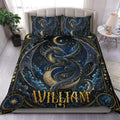 Dark blue and gold dragon duvet cover set styled on a bedroom with matching dragon pillowcases