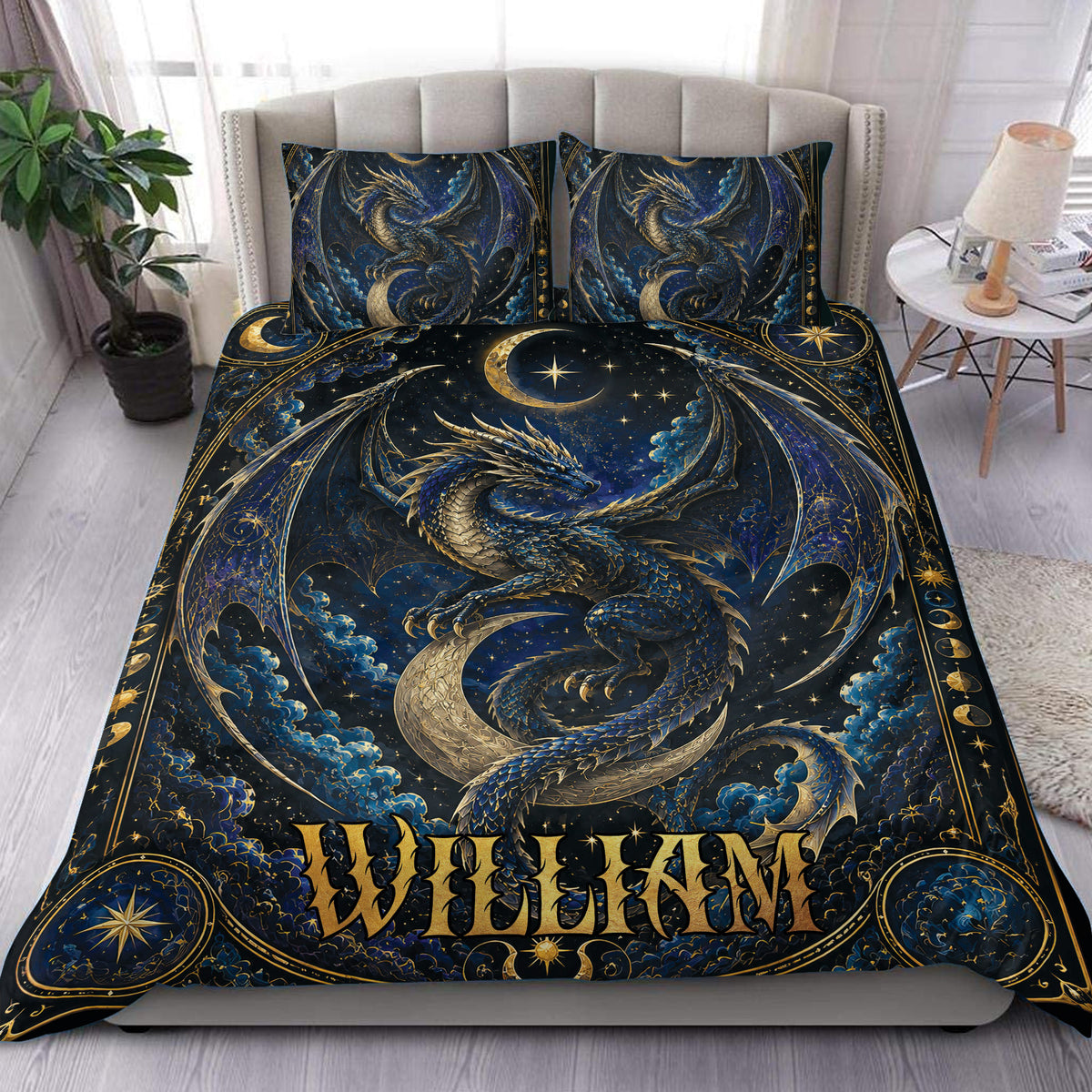 Dark blue and gold dragon duvet cover set styled on a bedroom with matching dragon pillowcases