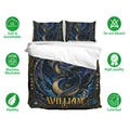 Dragon duvet cover bedding set in navy and gold with matching pillowcases and soft breathable fabric callouts