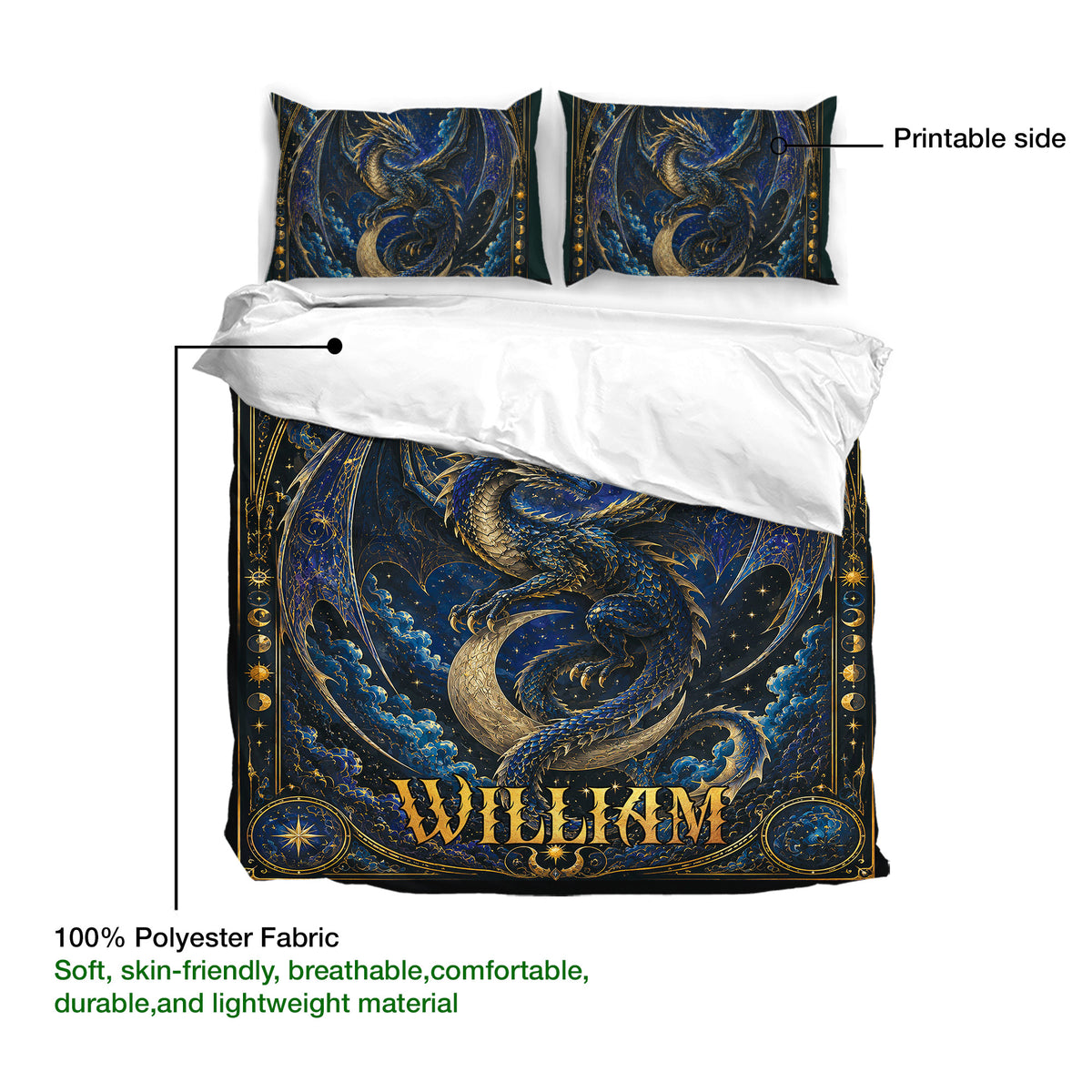 Navy dragon duvet cover set shown with matching pillowcases and a close view of the printed side
