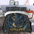 Fantasy dragon duvet cover styled in a modern bedroom with celestial navy and gold artwork