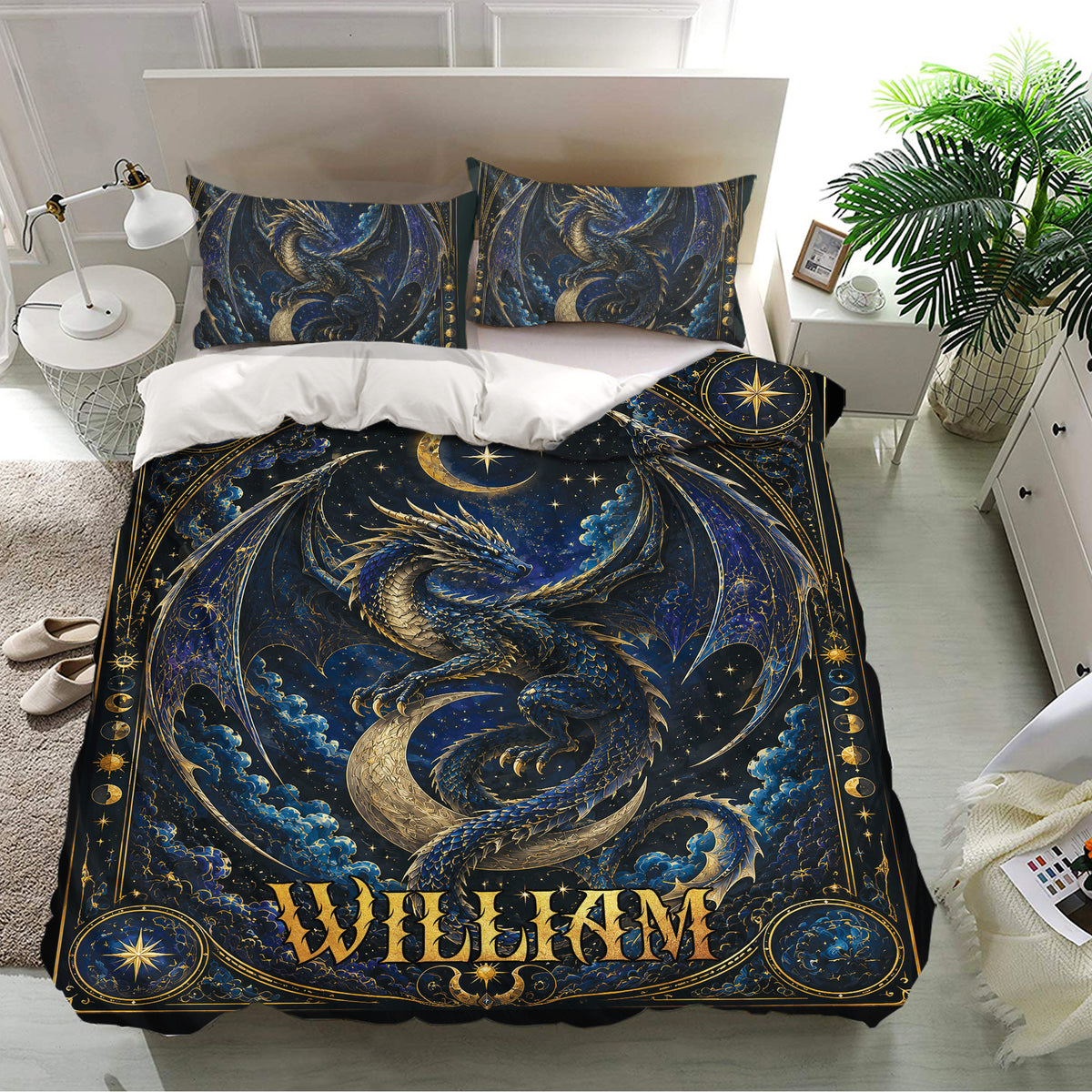 Detailed blue and gold dragon bedding set displayed on a bright bedroom bed with matching pillowcases