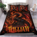 Fiery black and red dragon duvet cover set displayed on a modern bedroom bed with matching pillowcases