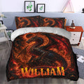 Dramatic red dragon duvet cover set styled in a bedroom with fiery fantasy artwork and matching pillows