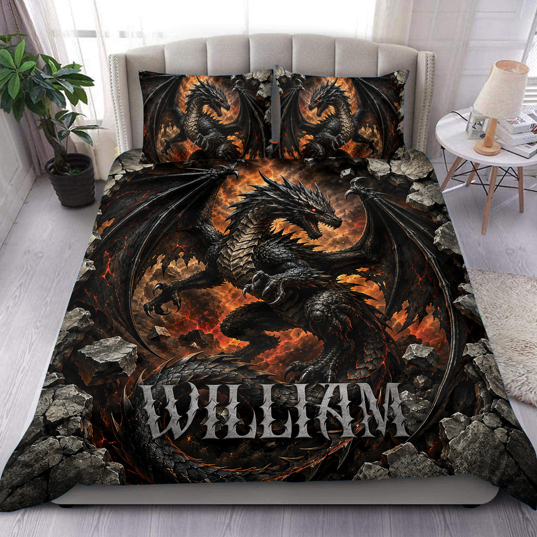 Black dragon duvet cover set with fiery orange lava artwork styled in a dramatic bedroom