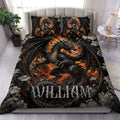 Black dragon duvet cover set with fiery orange lava artwork styled in a dramatic bedroom
