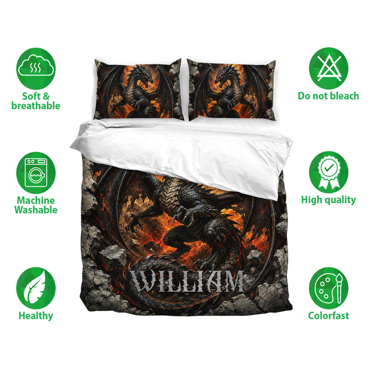 Dragon duvet cover bedding set shown with matching pillowcases and soft breathable fabric features