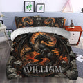 Gothic dragon duvet cover bedding styled on a bedroom with black wings and glowing lava tones