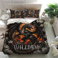 Fierce black dragon duvet cover set with fiery fantasy artwork in a modern bedroom