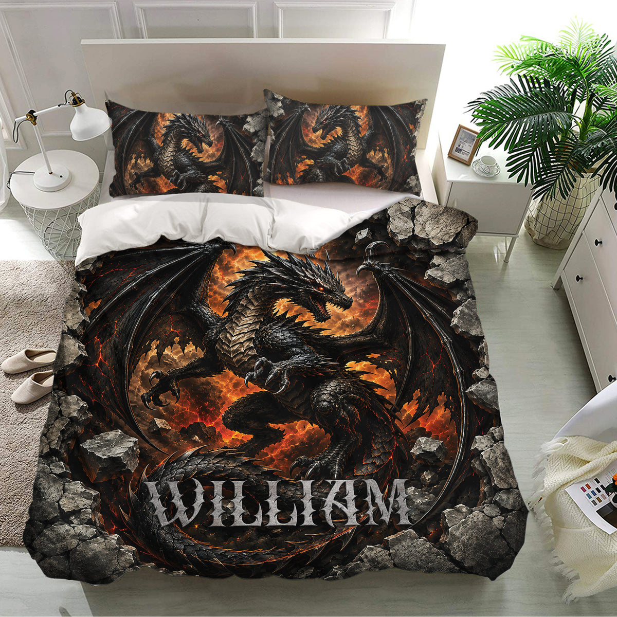 Fierce black dragon duvet cover set with fiery fantasy artwork in a modern bedroom