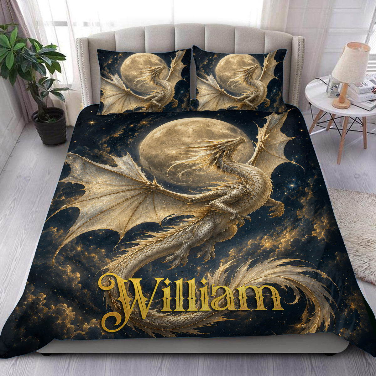 Dragon duvet cover set displayed on a bed with a golden dragon, full moon, stars, and dark fantasy artwork