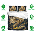 Dragon bedding set shown with matching pillowcases in a dark celestial design and soft breathable fabric feature icons