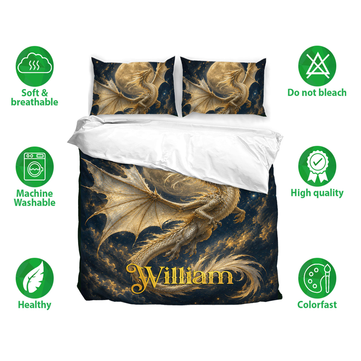 Dragon bedding set shown with matching pillowcases in a dark celestial design and soft breathable fabric feature icons