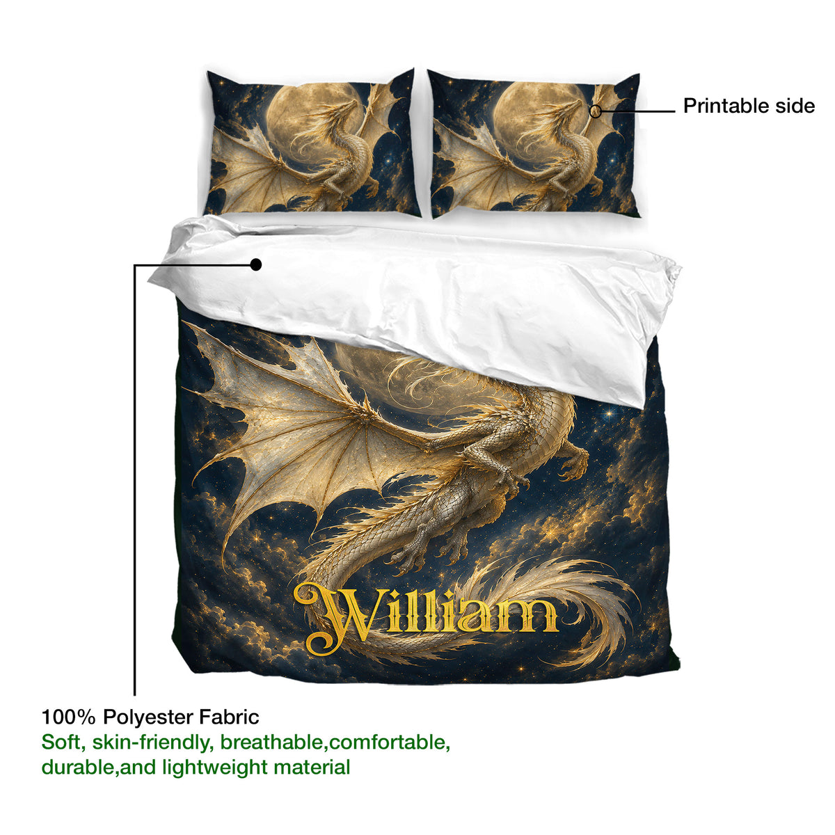 Dragon duvet cover bedding set detail showing the printed side, matching pillowcases, and dark fantasy artwork