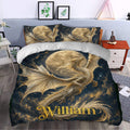 Golden dragon duvet cover set styled in a bedroom with moonlit fantasy artwork and starry night details