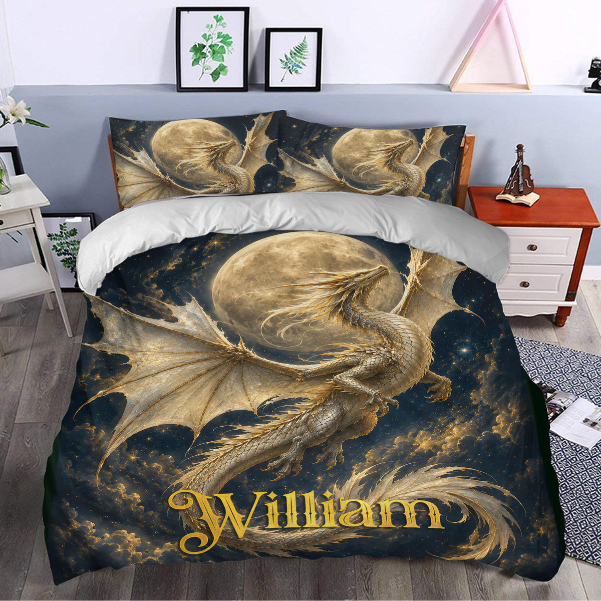 Golden dragon duvet cover set styled in a bedroom with moonlit fantasy artwork and starry night details