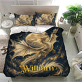 Dragon bedding set displayed in a bright bedroom with matching pillowcases and dramatic gold and navy artwork