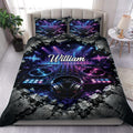 DJ duvet cover set displayed on a modern bed with neon turntables, headphones, mixers, and purple-blue stage lighting