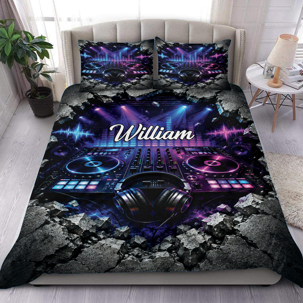 DJ duvet cover set displayed on a modern bed with neon turntables, headphones, mixers, and purple-blue stage lighting
