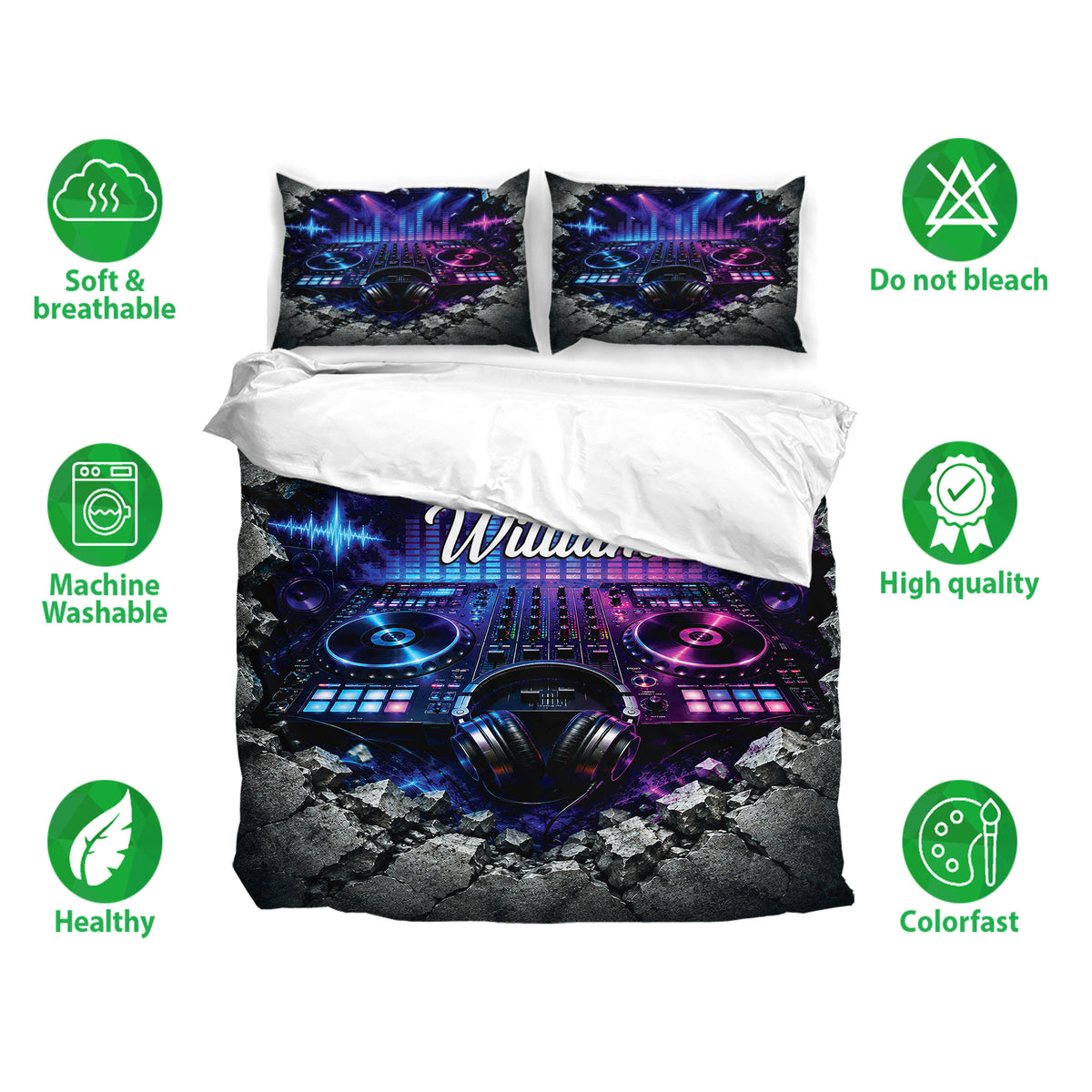 DJ bedding set with neon turntable artwork, matching pillowcases, breathable fabric, and vivid colorfast printing